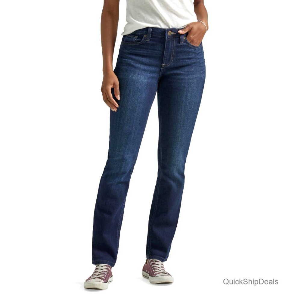 Mid Rise Straight Leg Jeans, Regular Fit, Petite Size 10, Denim